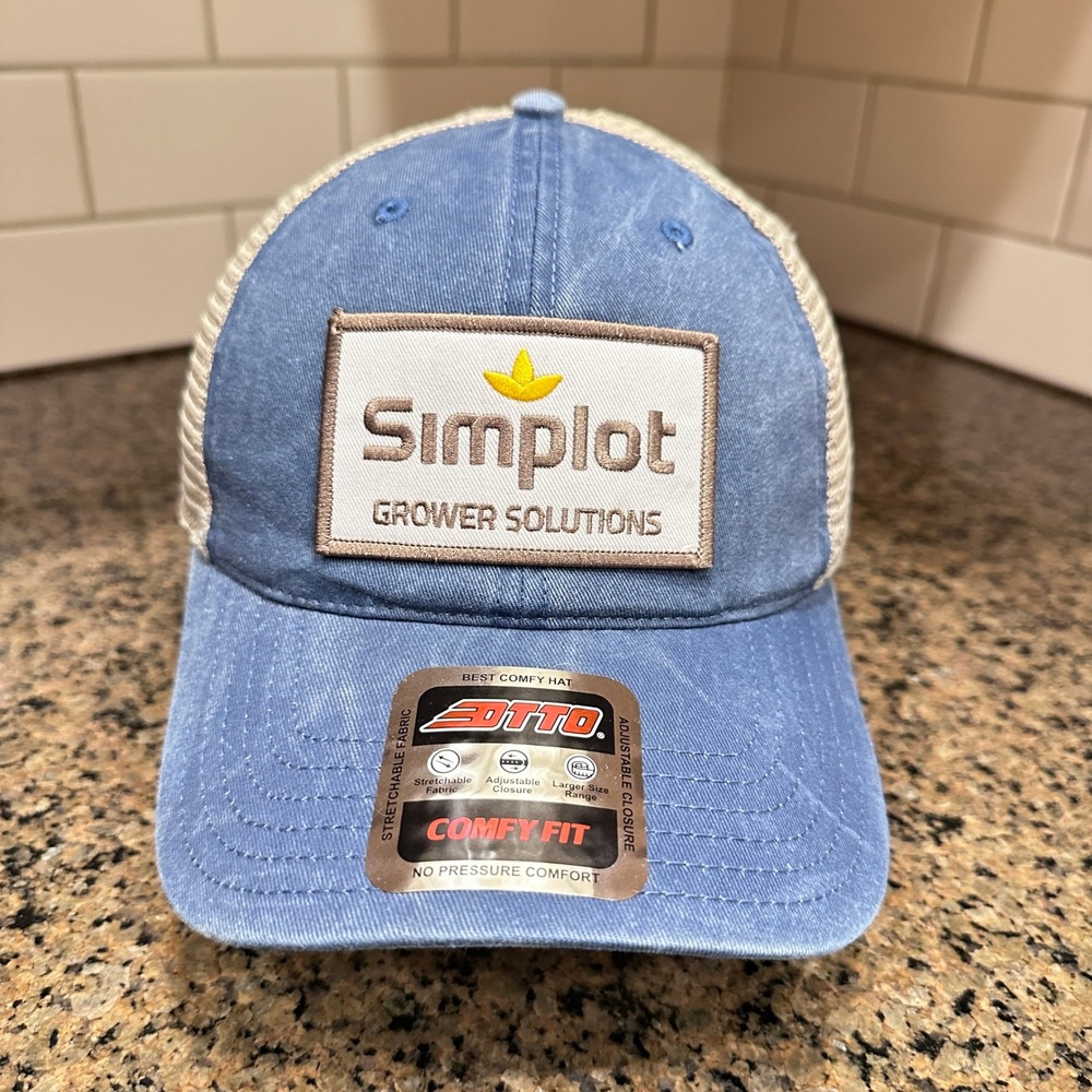 Simplot Grower Solutions OTTO Comfy Fit Trucker Hat Snapback Blue Tan